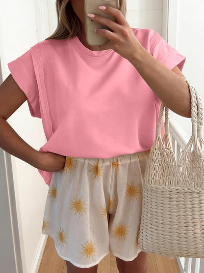 Womens Oversized Short Cap Sleeve T-Shirts Crew Neck Side Slit Tops Summer Casual Loose Fit Tees Tunic Shirts