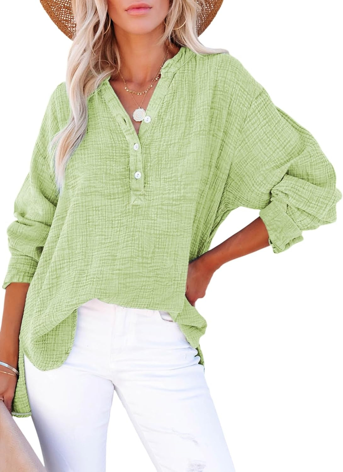 Womens Casual Button V Neck Long Sleeve Shirts Oversized Solid Blouses Tops
