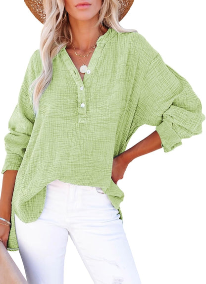 Womens Casual Button V Neck Long Sleeve Shirts Oversized Solid Blouses Tops