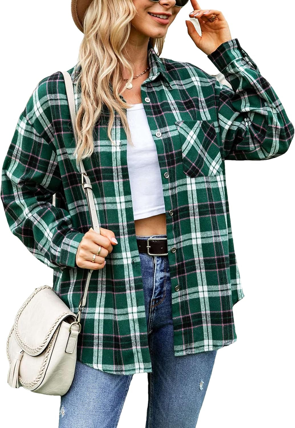 Oversized Flannel Shirt Women Long Sleeve Plaid Button Buffalo Shirt Blouse Tops with One Pocket
