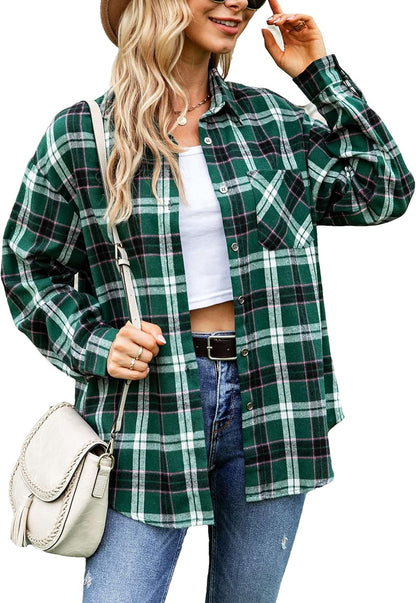 Oversized Flannel Shirt Women Long Sleeve Plaid Button Buffalo Shirt Blouse Tops with One Pocket