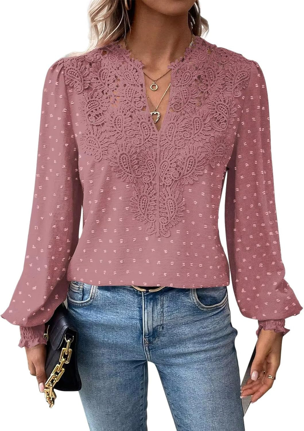 Womens Tops Swiss Dot Boho Long Sleeve Shirts V Neck Casual Chiffon Blouses Flowy Lace Hem Cute Clothing Trendy 2025