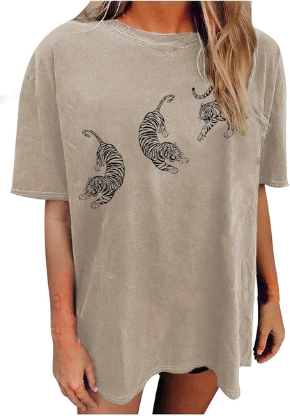 Women Tigers Graphic Oversized Tee Top Short Sleeve Loose Crewneck Summer T-Shirt