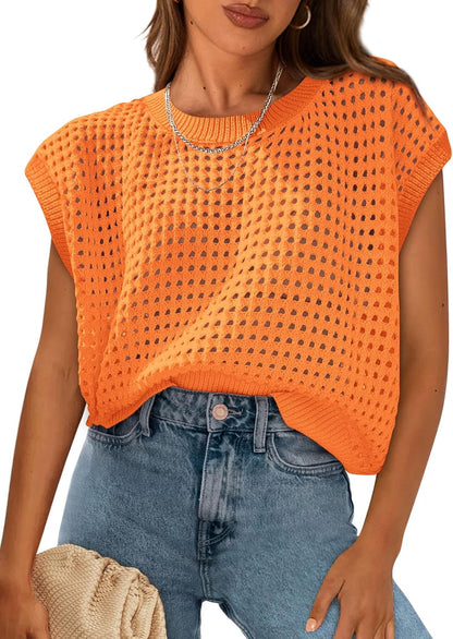 Womens Spring Tops 2026 Summer Shirts Crochet Cap Sleeve Sweater Pullover Cute Beach Vacation Clothes