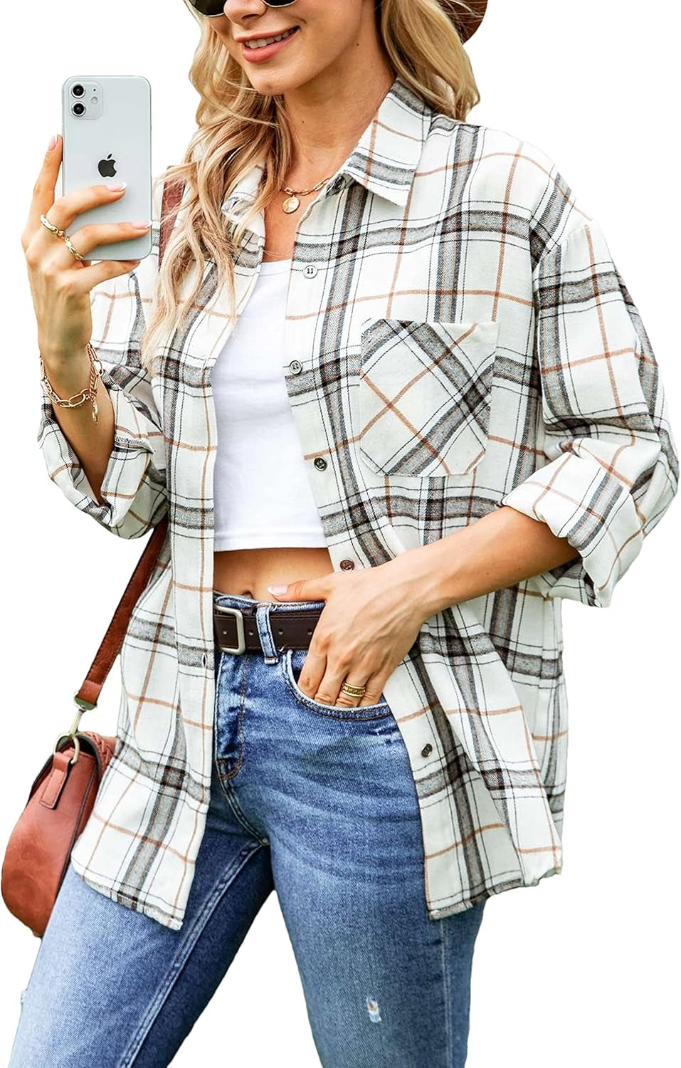 Oversized Flannel Shirt Women Long Sleeve Plaid Button Buffalo Shirt Blouse Tops with One Pocket