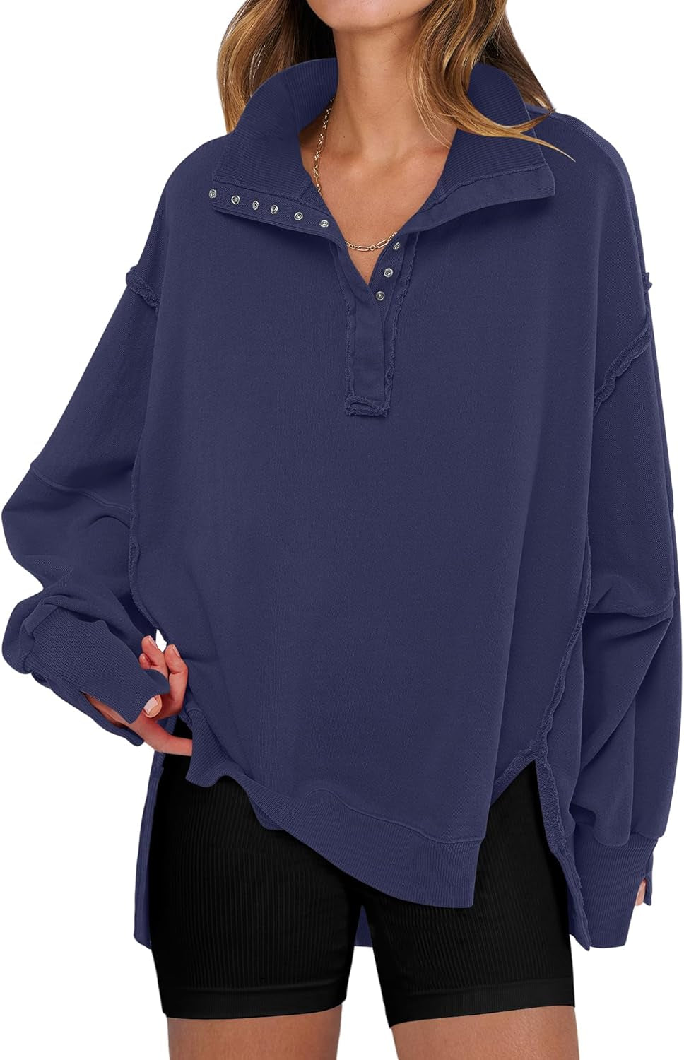 Women'S Sweatshirts Oversized Casual Loose Button up Henley Pullover Top High Low Split 2025 Fall Fashion Outfits