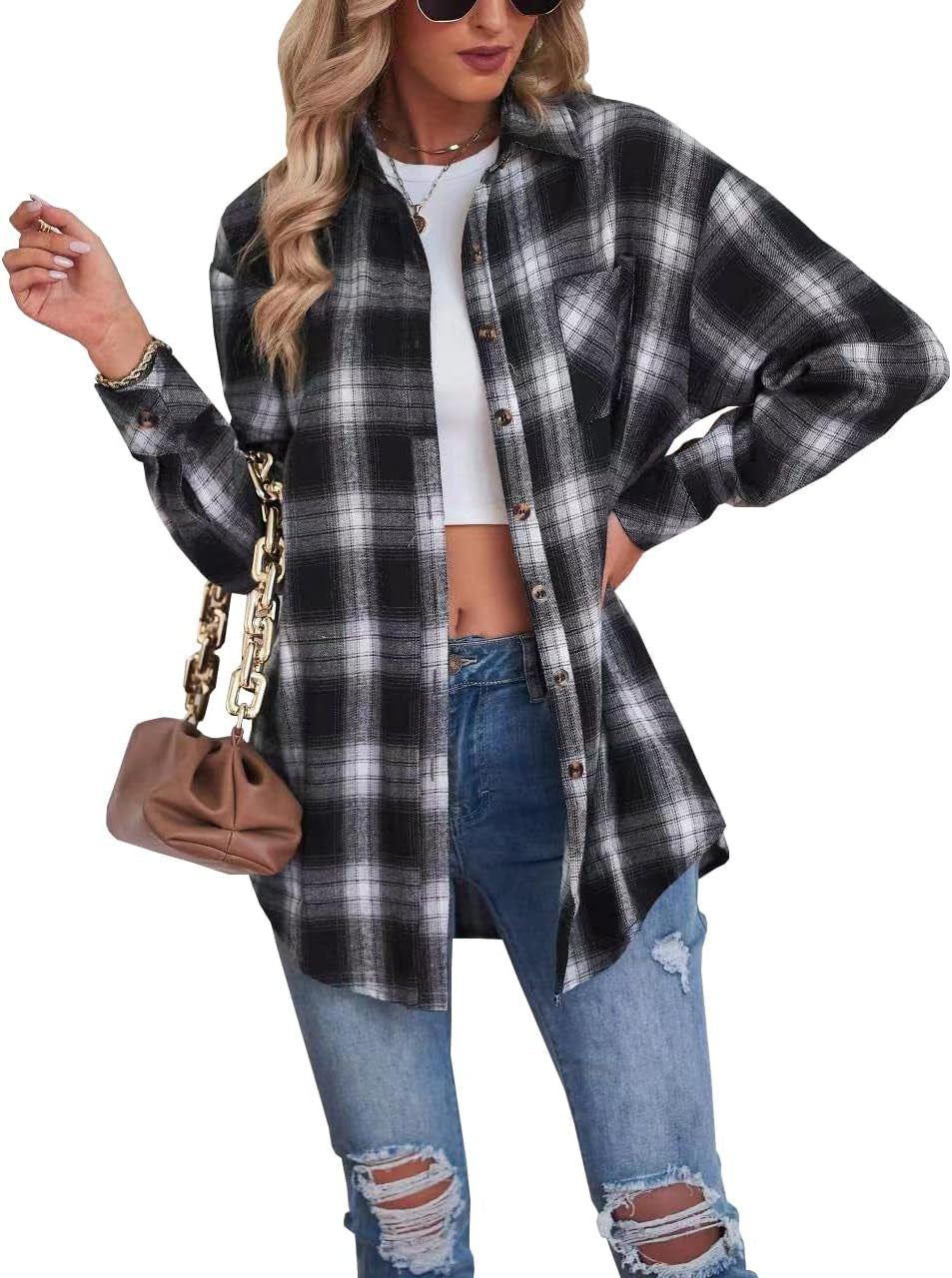 Oversized Flannel Shirt Women Long Sleeve Plaid Button Buffalo Shirt Blouse Tops with One Pocket