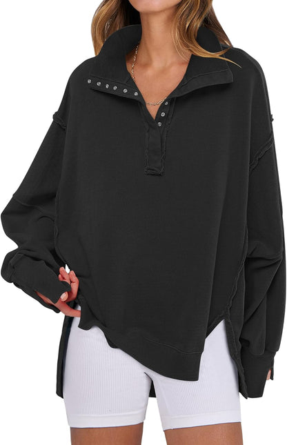Women'S Sweatshirts Oversized Casual Loose Button up Henley Pullover Top High Low Split 2025 Fall Fashion Outfits