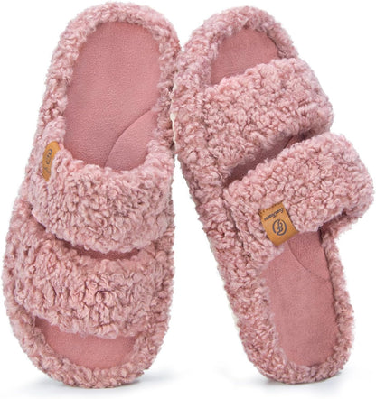 Womens Fuzzy Open-Toe Slippers Soft Comfy Memory Foam Indoor House Shoes