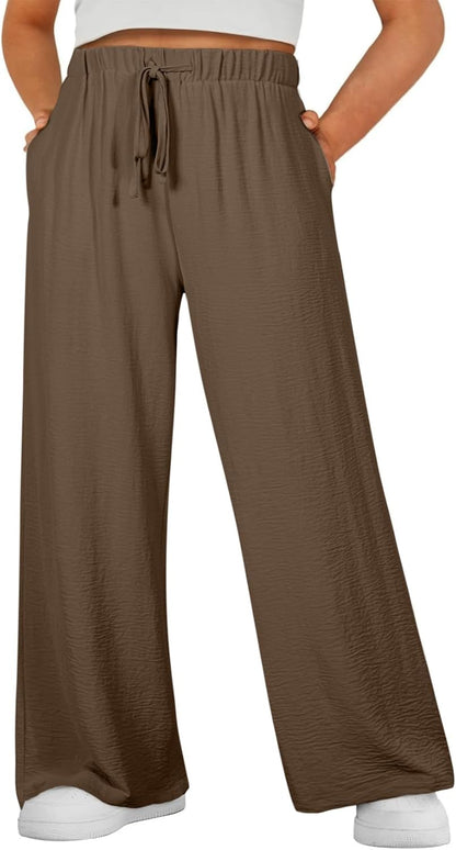 Womens plus Size Pants Summer Elastic High Waist Drawstring Casual Loose Wide Leg Trousers Pants with Pockets(1X-5X)