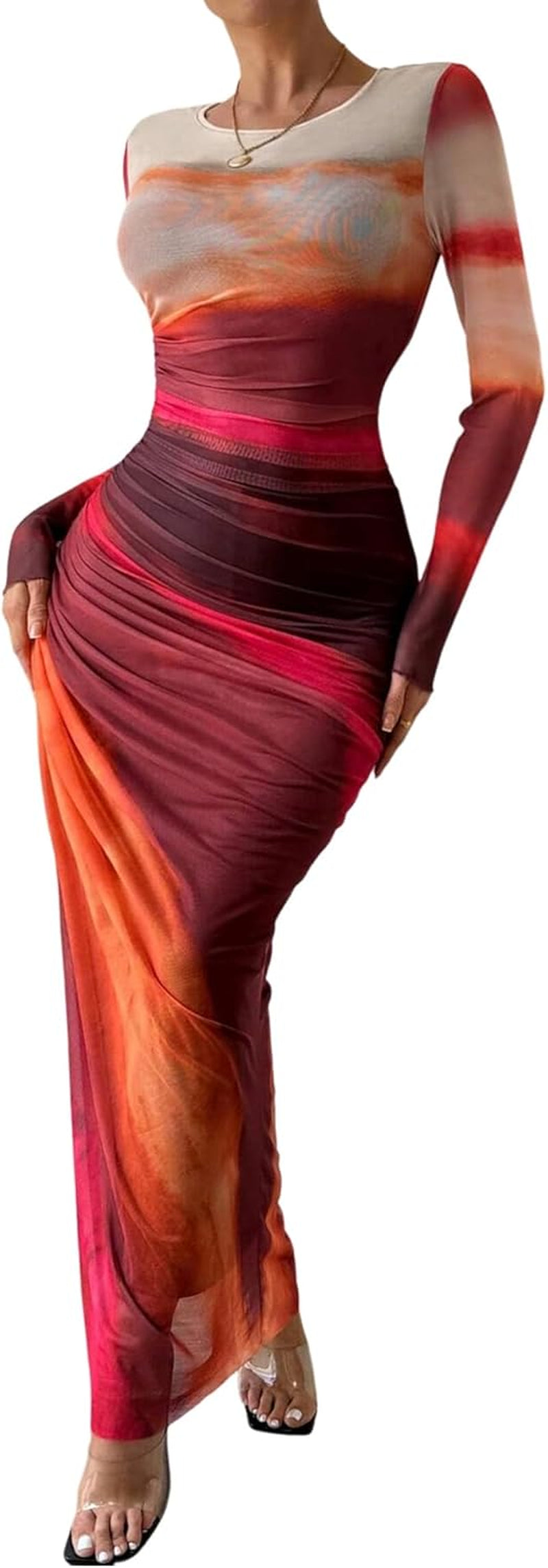 Women Long Sleeve Maxi Dress Bodycon Ruched Formal Slim Fit Tie Dye Dress Formal Mesh Dress