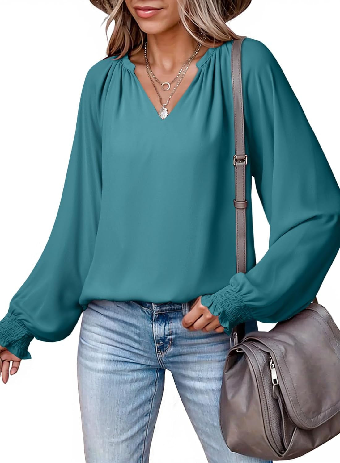 Womens Blouses Dressy Casual Flowy Boho Tops V Neck Long Sleeve Shirts