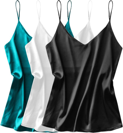 3 Pack: Womens Silk Satin Tank Top V Neck Camisole Cami Spaghetti Strap Top Loose Sleeveless Blouses Tank Shirt