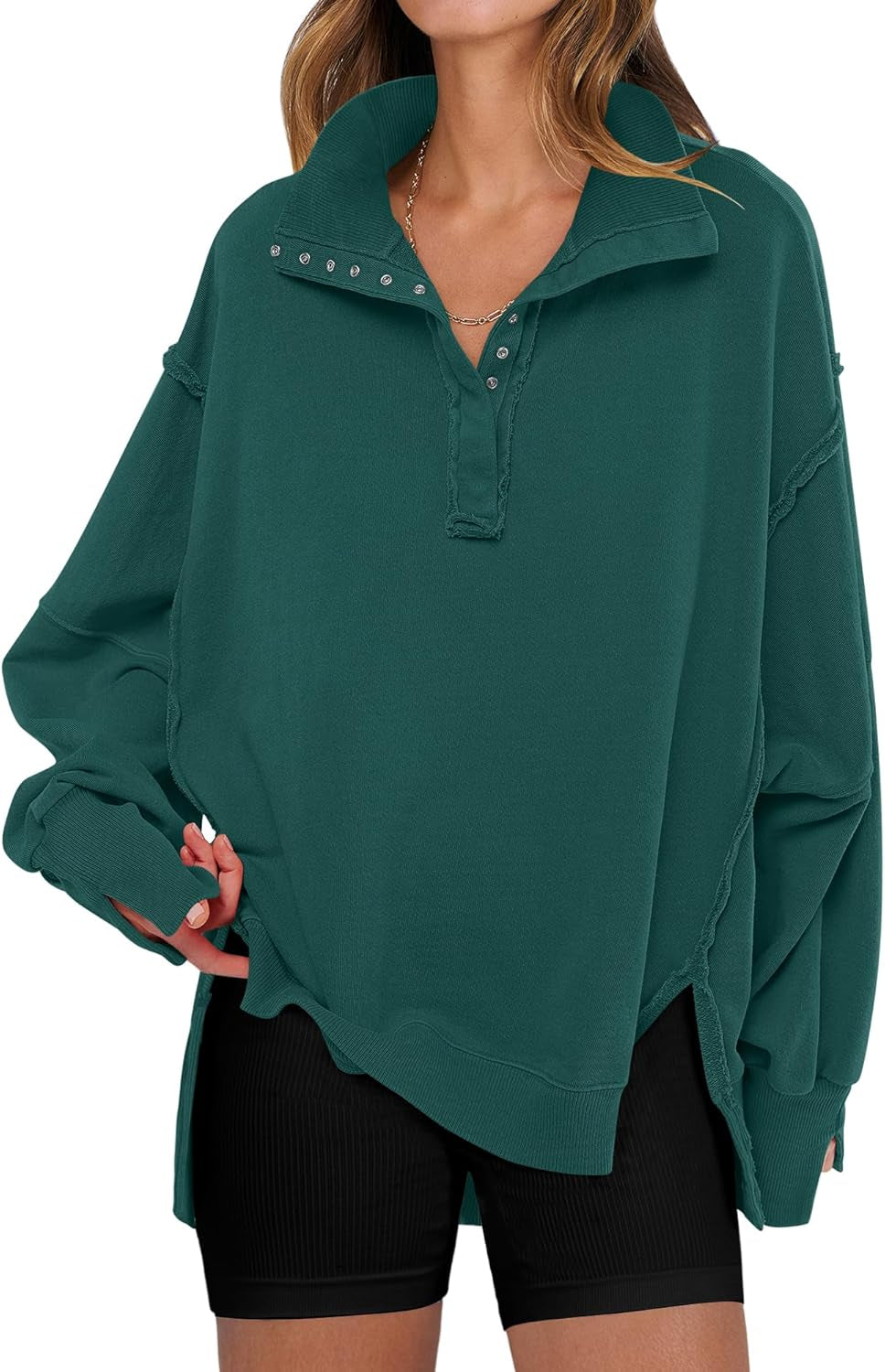 Women'S Sweatshirts Oversized Casual Loose Button up Henley Pullover Top High Low Split 2025 Fall Fashion Outfits