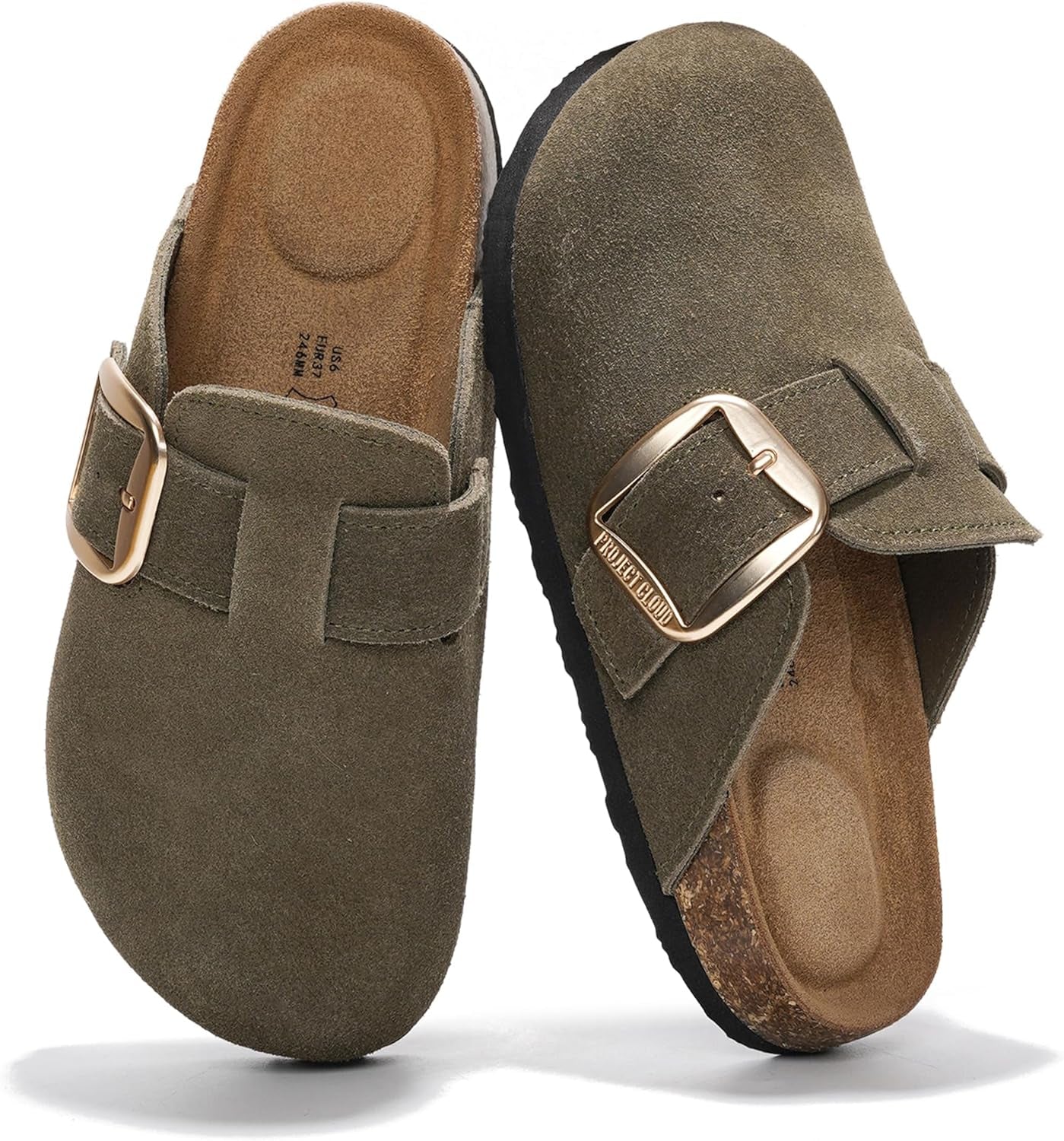 100% Genuine Leather Clogs for Women Shoes - Memory Foam Insole, Non-Slip & Natural Cork Footbed Arch Support Big Buckle Womens Clogs and Mules Footwear (Manchester)