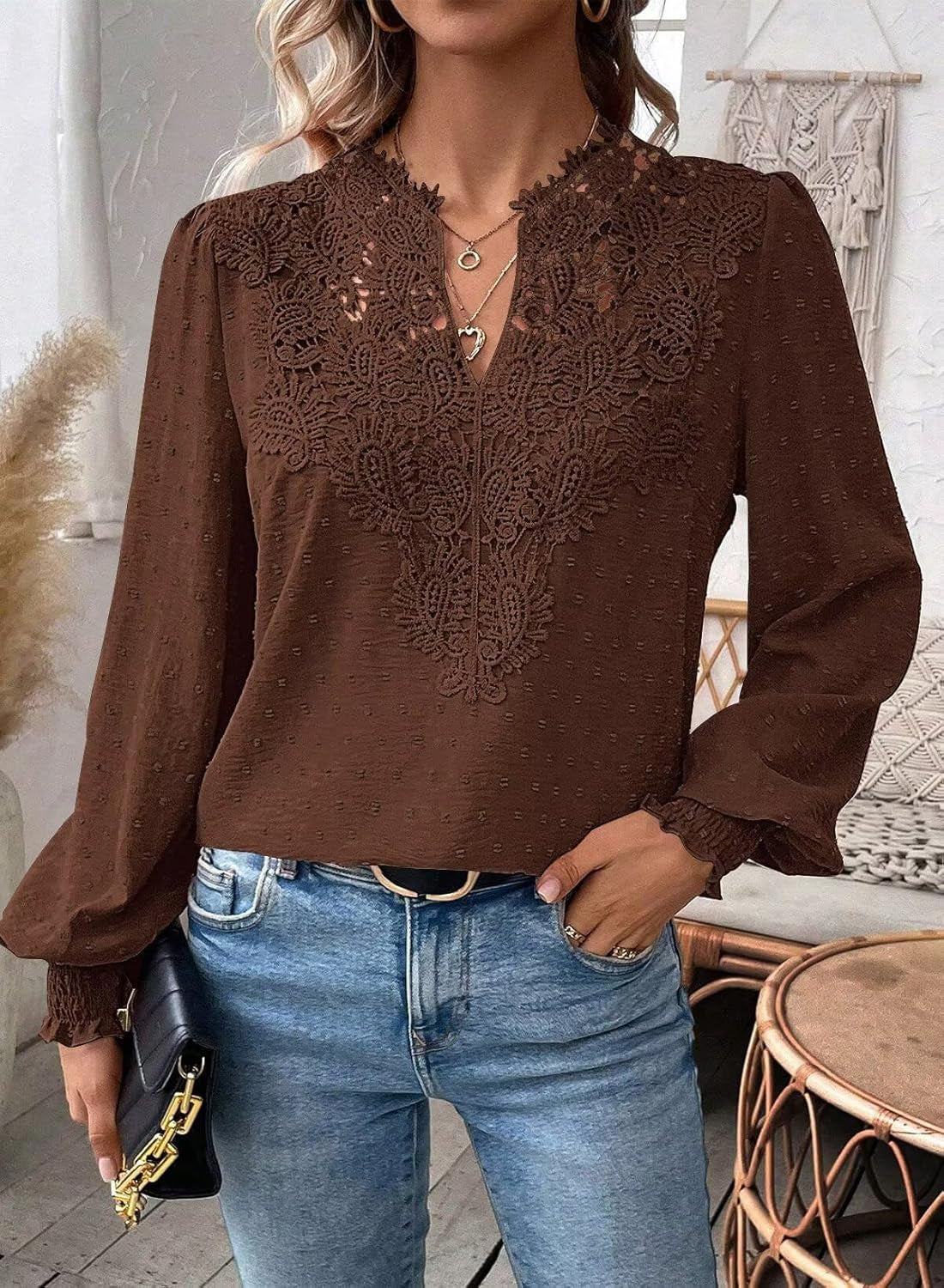 Womens Tops Swiss Dot Boho Long Sleeve Shirts V Neck Casual Chiffon Blouses Flowy Lace Hem Cute Clothing Trendy 2025