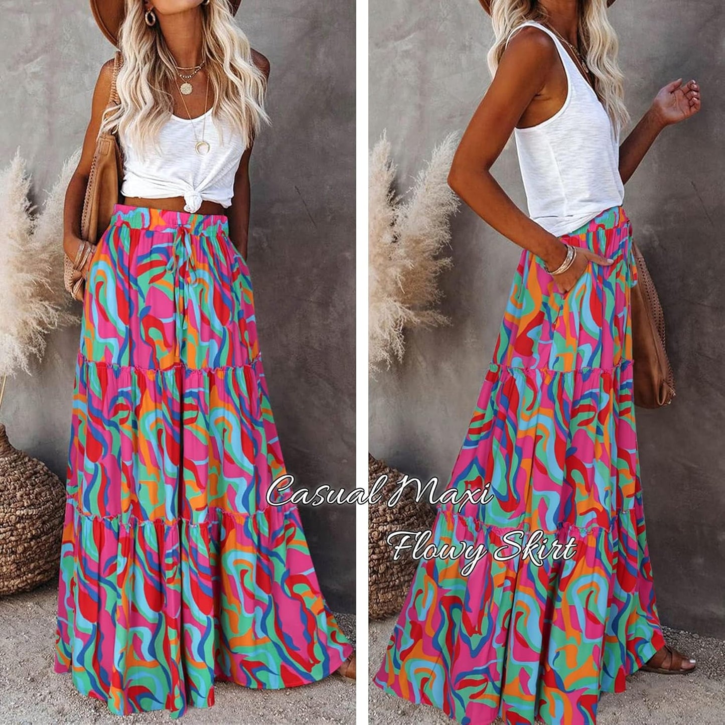 Womens Boho Maxi Skirt 2026 Summer Cruise Casual High Waist Tie Flowy Long Skirt with Pockets for Beach Vacation