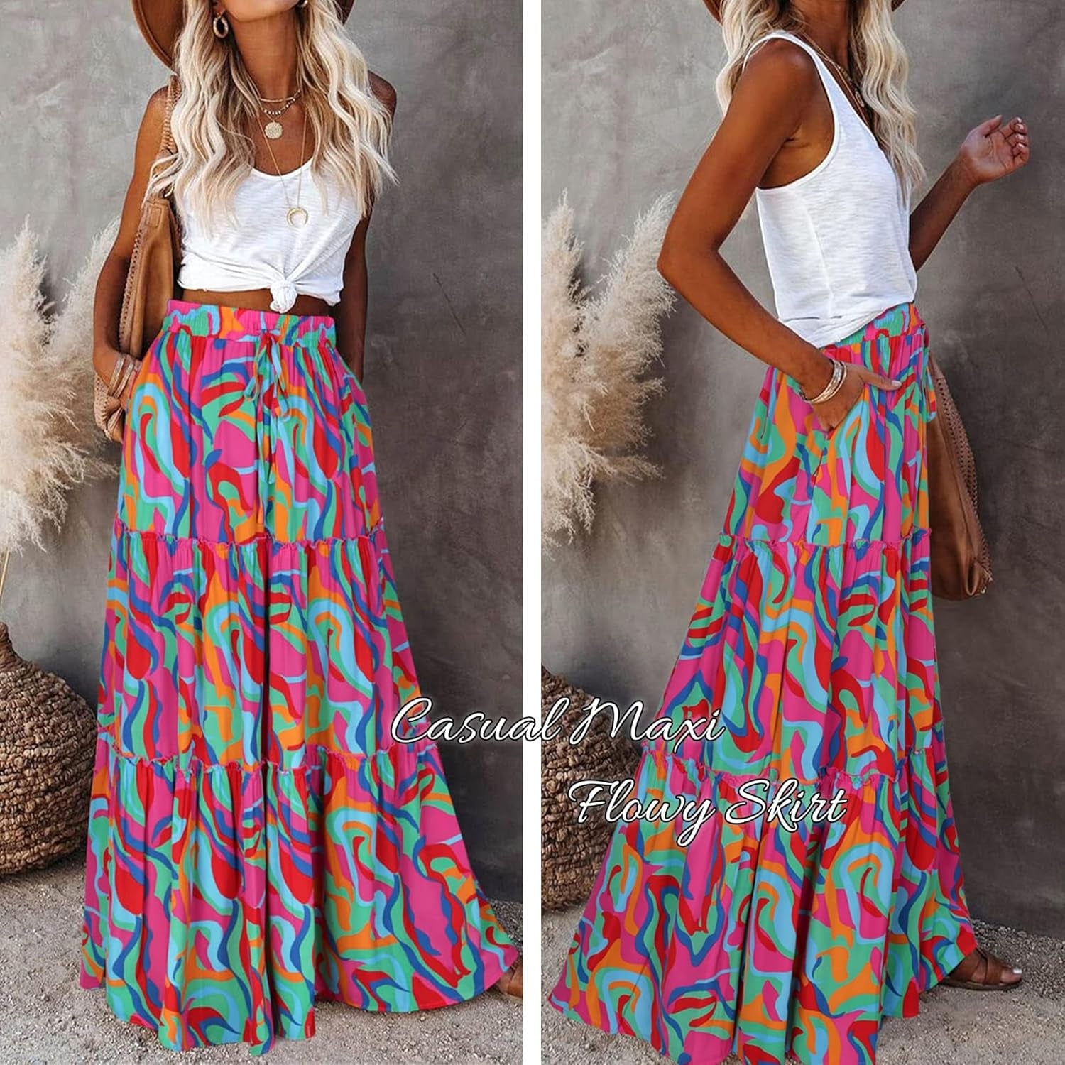 Womens Boho Maxi Skirt 2026 Summer Cruise Casual High Waist Tie Flowy Long Skirt with Pockets for Beach Vacation