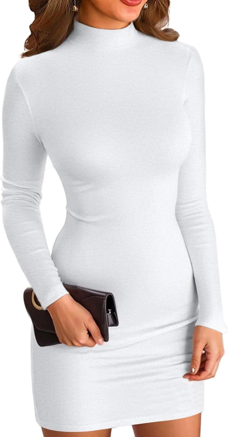 Women Mock Neck Ribbed Bodycon Dress Long Sleeve Mini Pencil Dresses