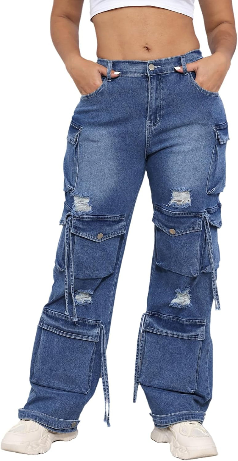 Women'S High Waist Baggy Jeans Flap Pocket Cargo Pants Loose Denim Pants Streetwear