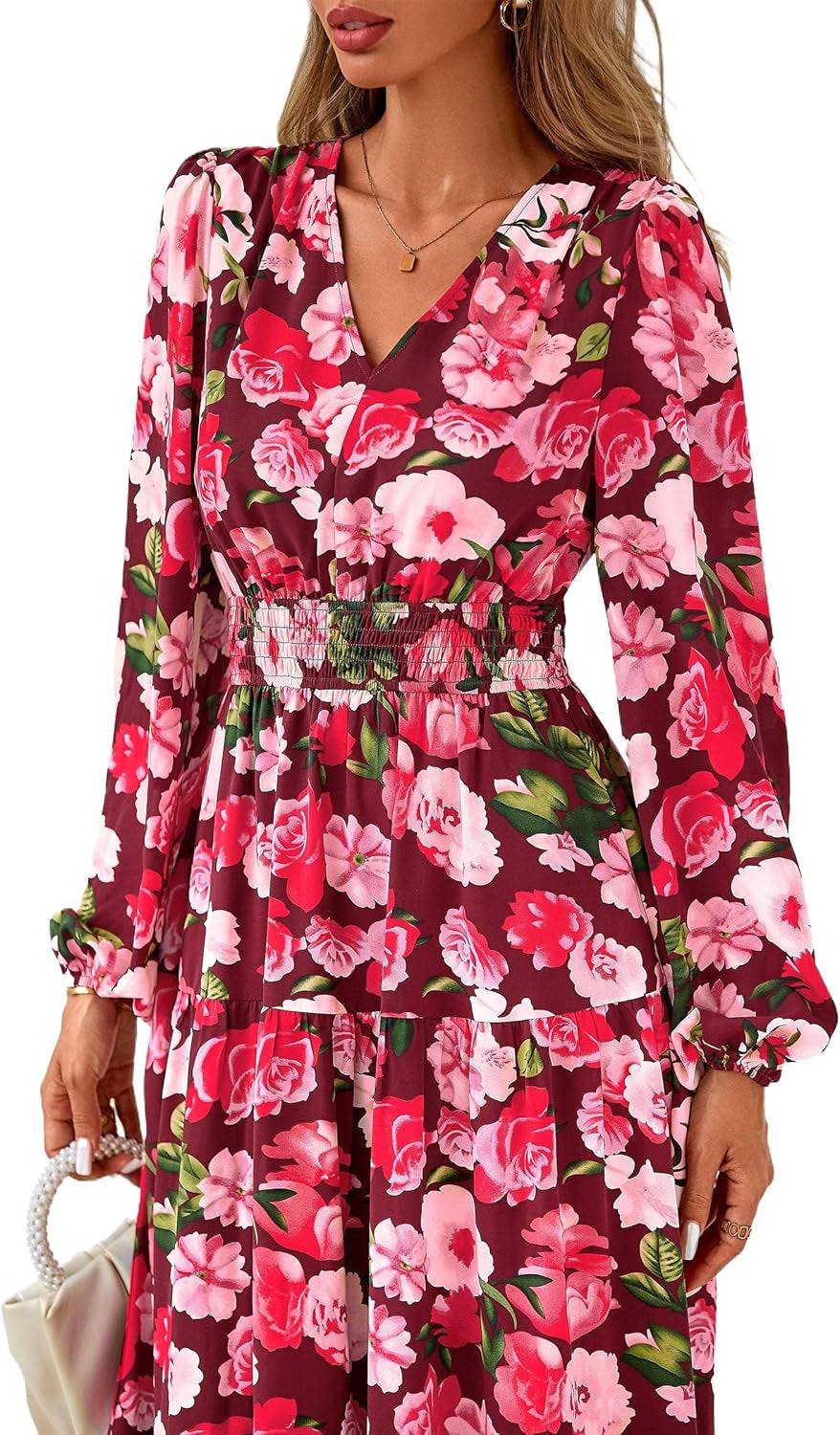 Long Sleeve Maxi Fall Dresses for Women 2026 Vneck Smocked Boho Floral Tiered Swing Flowy Wedding Guest Dress