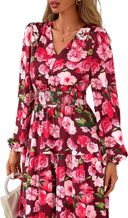 Long Sleeve Maxi Fall Dresses for Women 2026 Vneck Smocked Boho Floral Tiered Swing Flowy Wedding Guest Dress