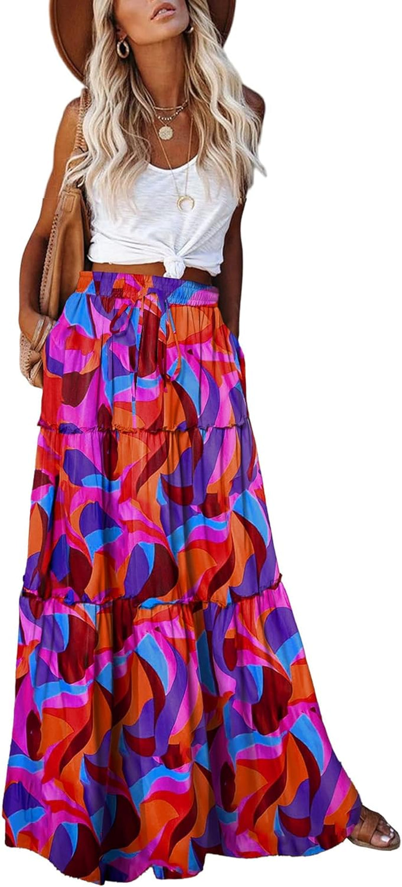 Womens Boho Maxi Skirt 2026 Summer Cruise Casual High Waist Tie Flowy Long Skirt with Pockets for Beach Vacation