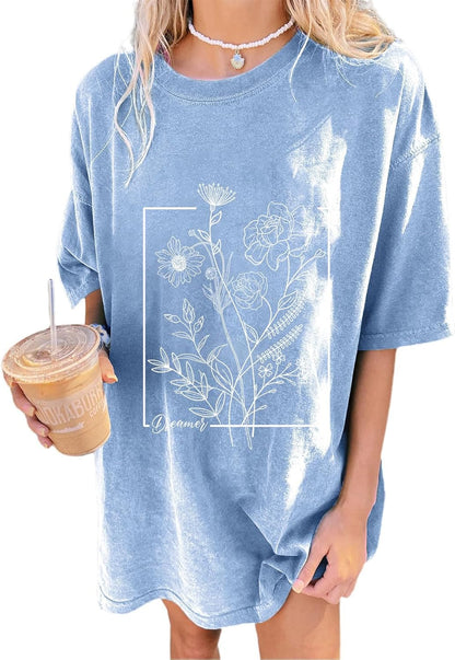 Women'S Casual Oversized T Shirt Short Sleeve Graphic Tee Letter Sun Moon Shirts