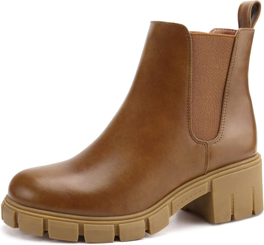 Women Platform Ankle Boots Elastic Chelsea Boots Mid Heel Slip on Booties