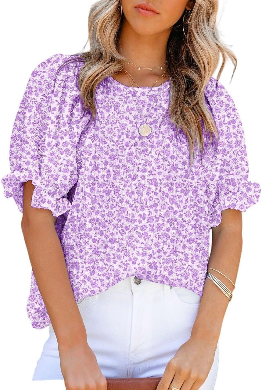 Floral Print Blouses for Women Crewneck Smocked Puff Sleeve Shirts Casual Babydoll Tops