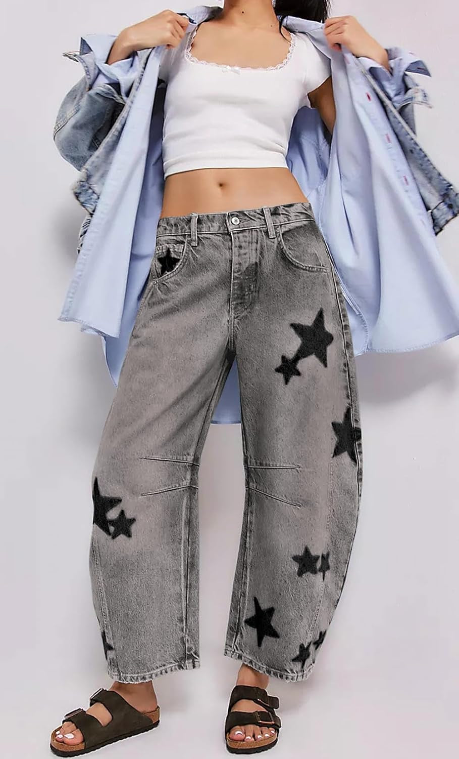 Y2K Barrel Jeans Women Wide Leg Baggy Distressed Printed Boyfriend Horseshoe Denim Pants