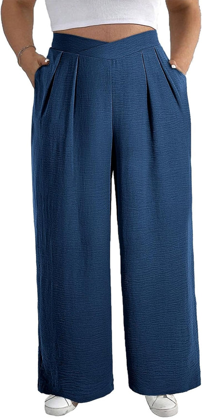 Womens plus Size Wide Leg Pants Crossover Waist Pleated Front Casual Work Pants Lounge Trouser with Pockets(1X-5X)