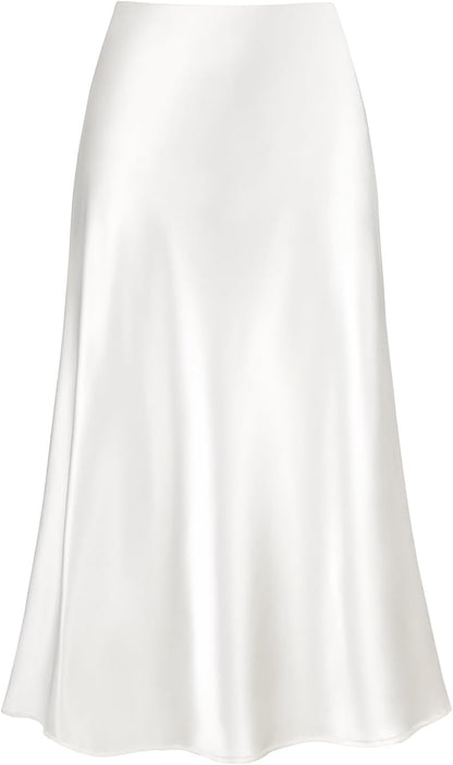 Women'S Satin High Waist Hidden Elasticized Waistband Flared Casual a Line Midi Skirt