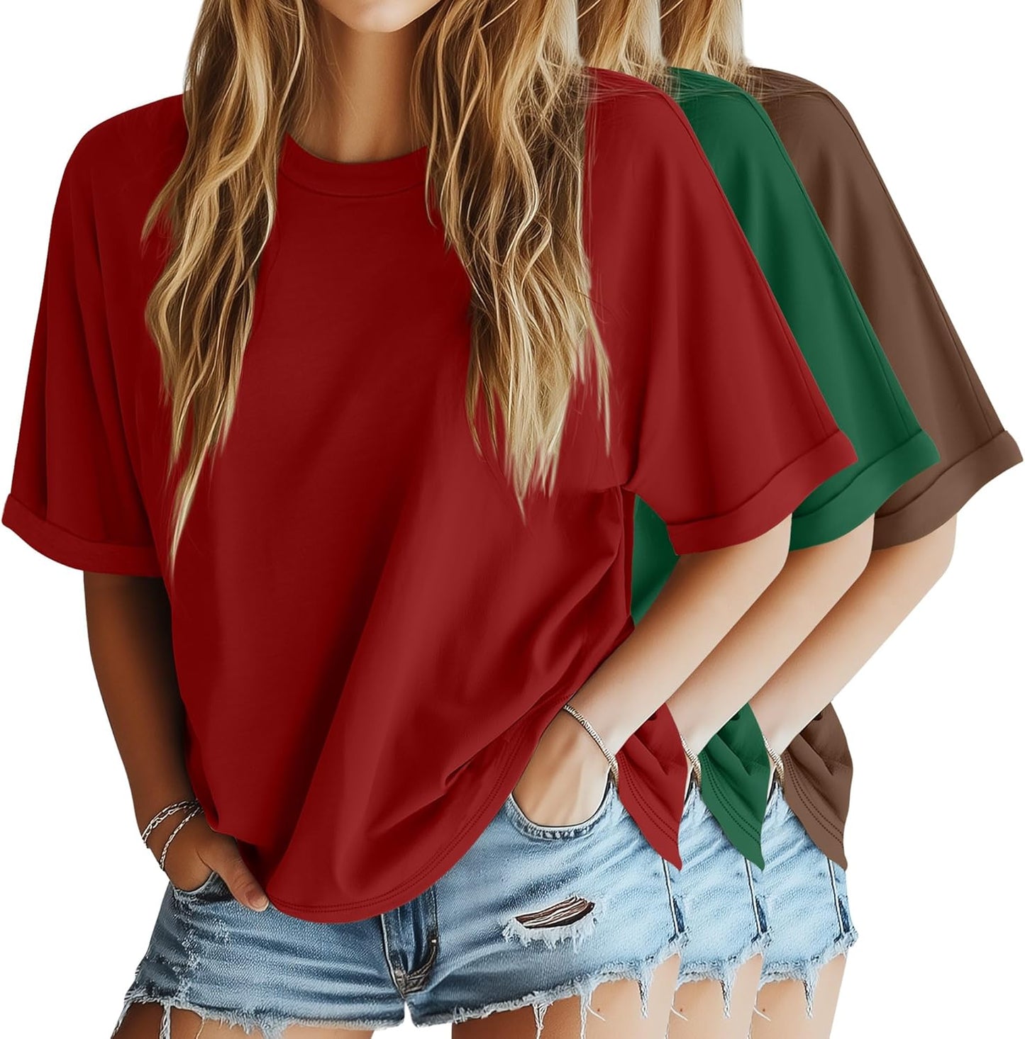 3 Pack Women'S Oversized T-Shirt Half Sleeve Summer Tees Casual Loose Fit Crew Neck Basic Tops