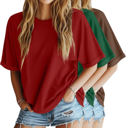 3 Pack Women'S Oversized T-Shirt Half Sleeve Summer Tees Casual Loose Fit Crew Neck Basic Tops