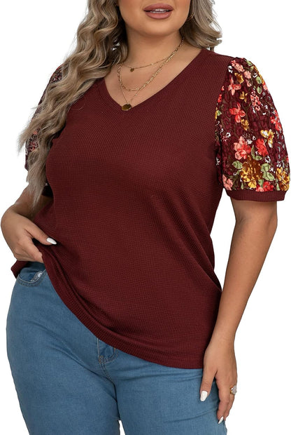 plus Size Tops for Women Summer Blouse Waffle Knit Short Lace Sleeve Shirts