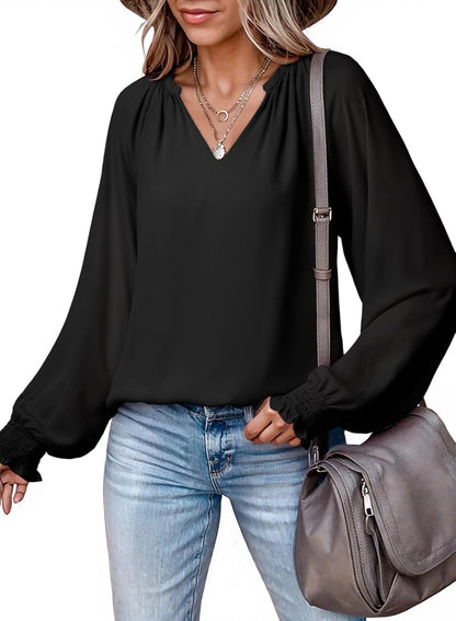 Womens Blouses Dressy Casual Flowy Boho Tops V Neck Long Sleeve Shirts