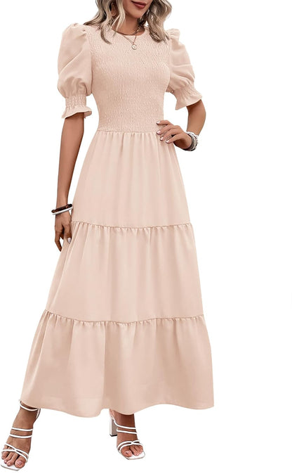 Women Casual Summer Dresses 2026 Spring Crew Neck Ruffle Short Sleeve Smocked Floral Boho Flowy Maxi Dress Clothes