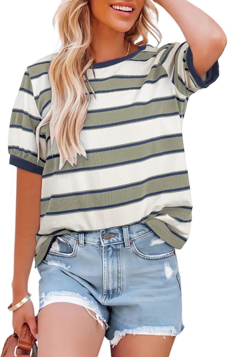 Womens Summer Tops 2025 Striped Color Block Short Sleeve T-Shirts Crewneck Casual Loose Basic Tee Blouses