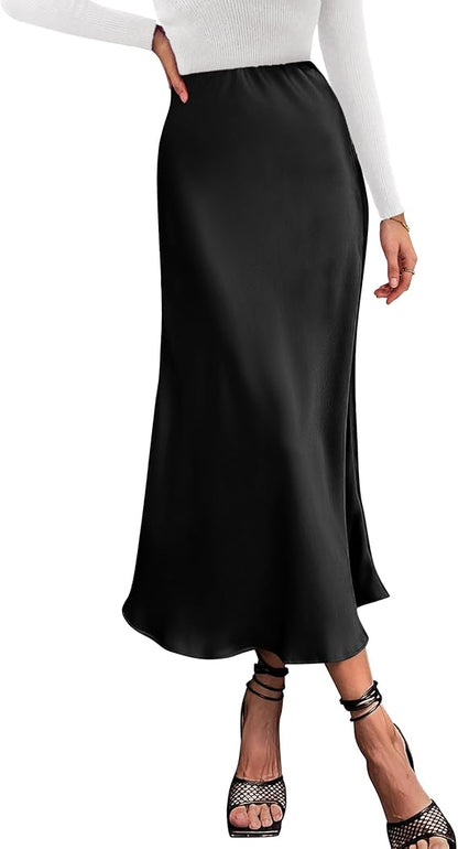 Long Satin Summer Fall Skirt Silk Elegant High Waist Cocktail Party Wedding Midi Skirts