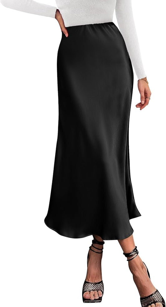 Long Satin Summer Fall Skirt Silk Elegant High Waist Cocktail Party Wedding Midi Skirts