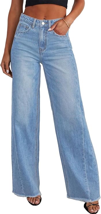 Women's Jeans High Waisted Straight Leg Stretchy Jeans Trendy Loose Wide Leg Zimbaplatinum Denim Pants with Pockets