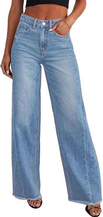 Women's Jeans High Waisted Straight Leg Stretchy Jeans Trendy Loose Wide Leg Zimbaplatinum Denim Pants with Pockets