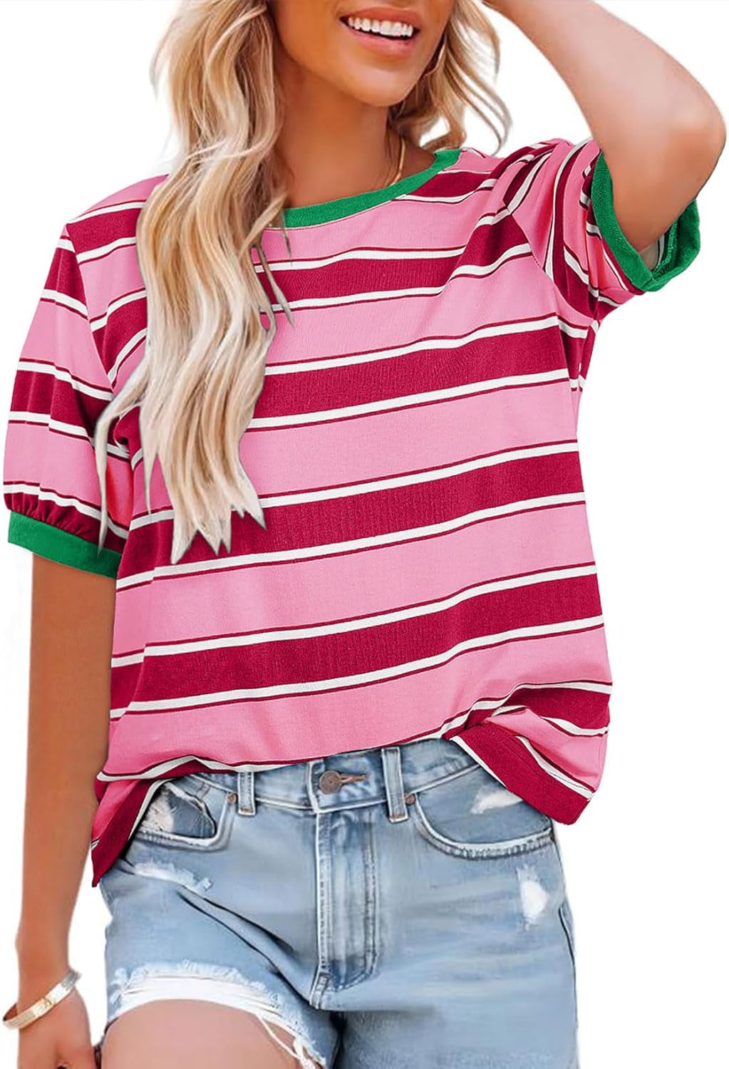 Womens Summer Tops 2025 Striped Color Block Short Sleeve T-Shirts Crewneck Casual Loose Basic Tee Blouses