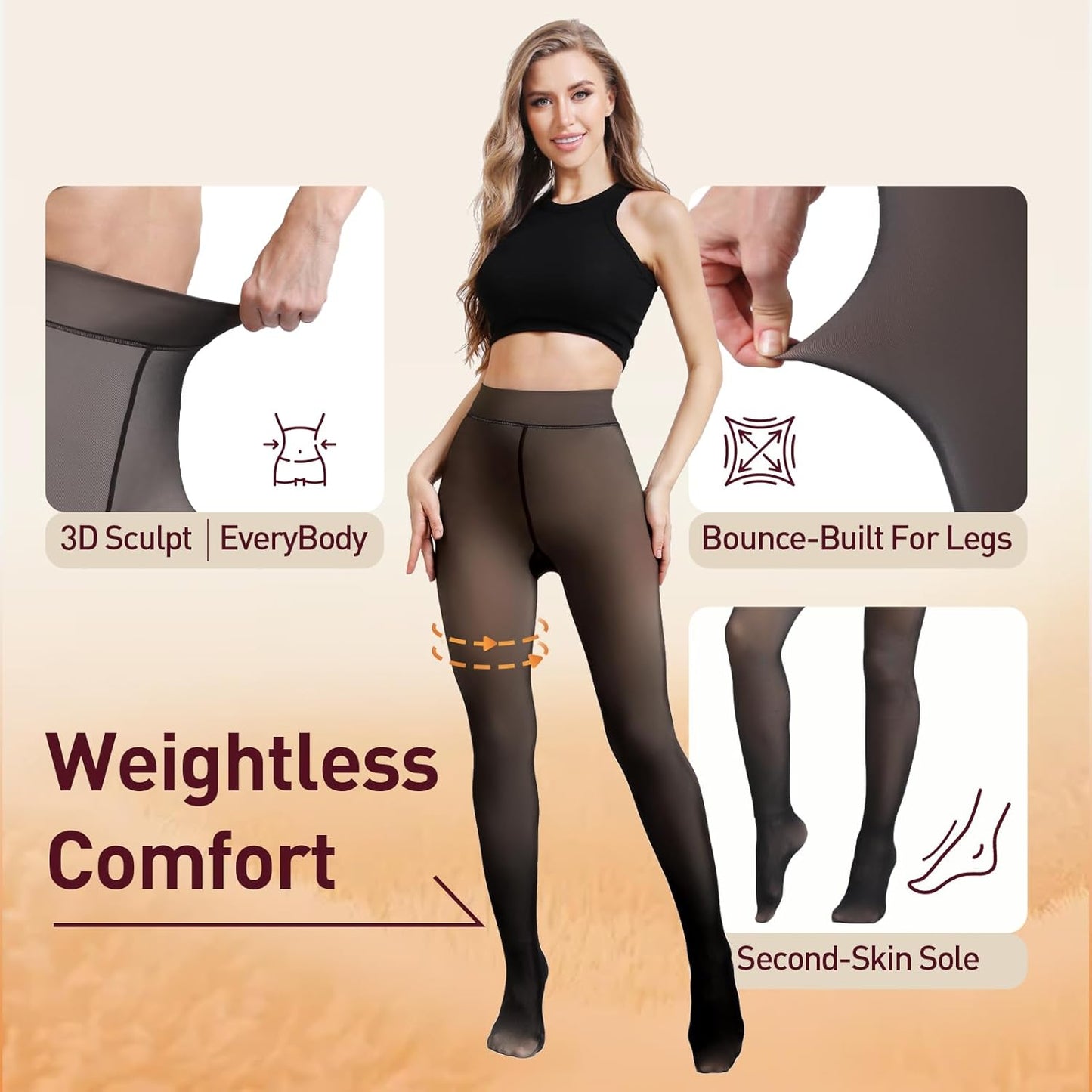 Translucent Fleece Lined Tights Women, Thermal Tights for Women, Pantyhose Leggings, Warm Sheer Tights for Women Winter (Large, Black)