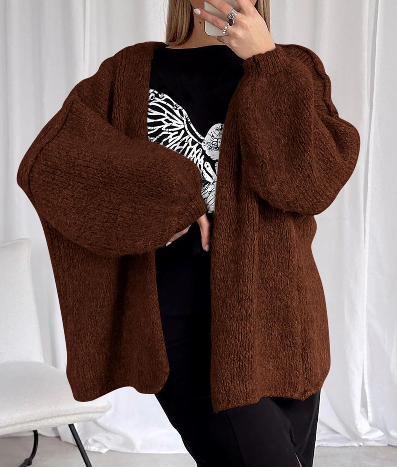 Womens Oversized Cardigan Sweaters 2026 Fall Long Lantern Sleeve Knit Open Front Lightweight Sweater