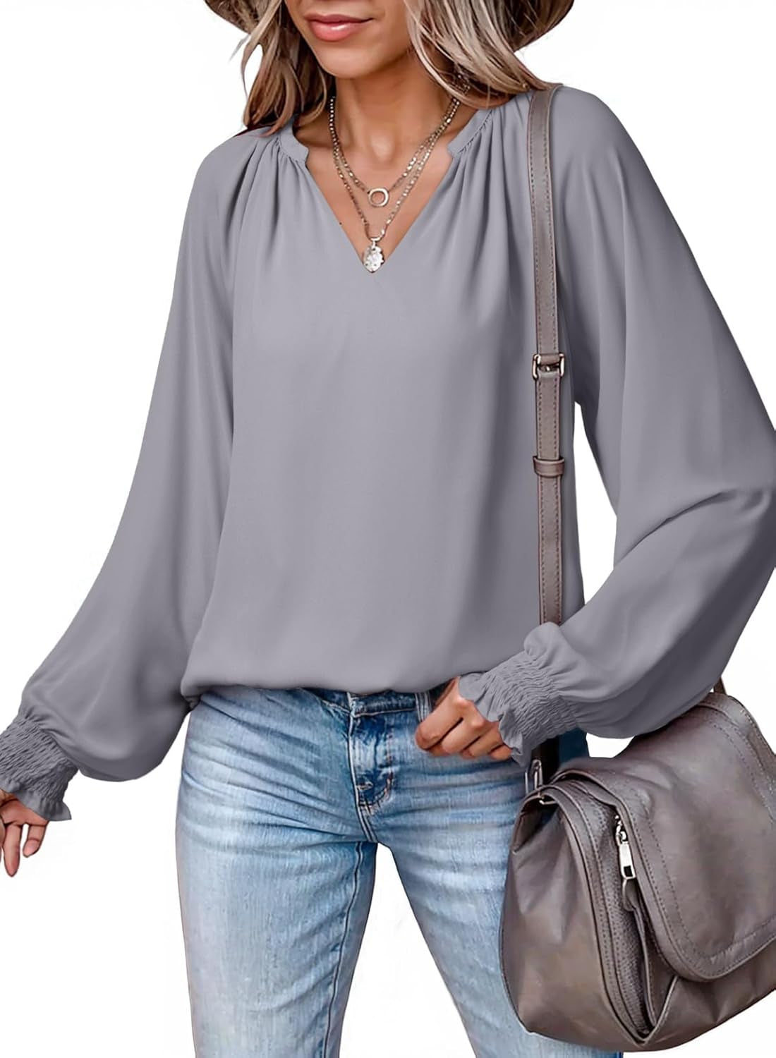 Womens Blouses Dressy Casual Flowy Boho Tops V Neck Long Sleeve Shirts