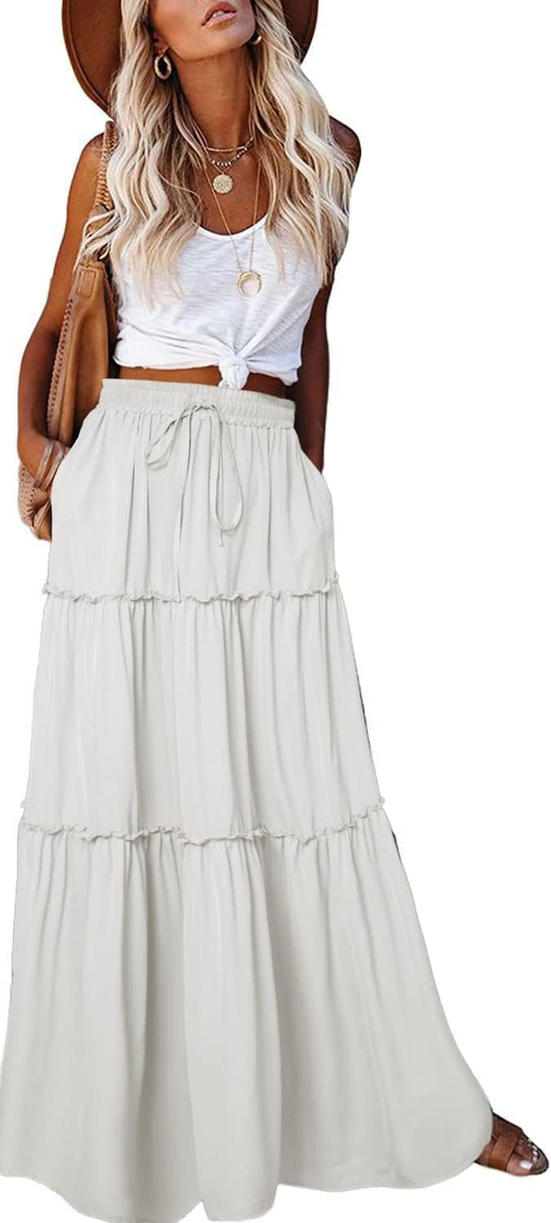Womens Boho Maxi Skirt 2026 Summer Cruise Casual High Waist Tie Flowy Long Skirt with Pockets for Beach Vacation