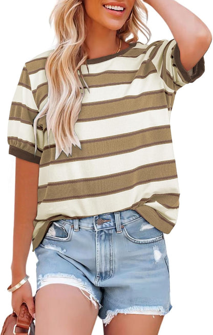 Womens Summer Tops 2025 Striped Color Block Short Sleeve T-Shirts Crewneck Casual Loose Basic Tee Blouses