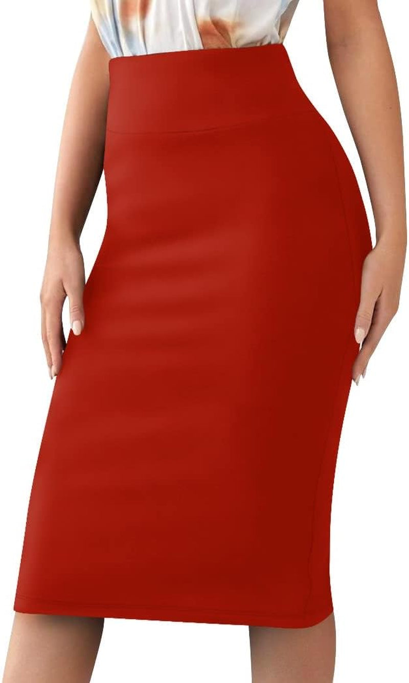Women’S Basic Stretch Pencil Skirt- Regular & plus Size- below Knee Office Midi Bodycon Nylon Skirt Made in USA